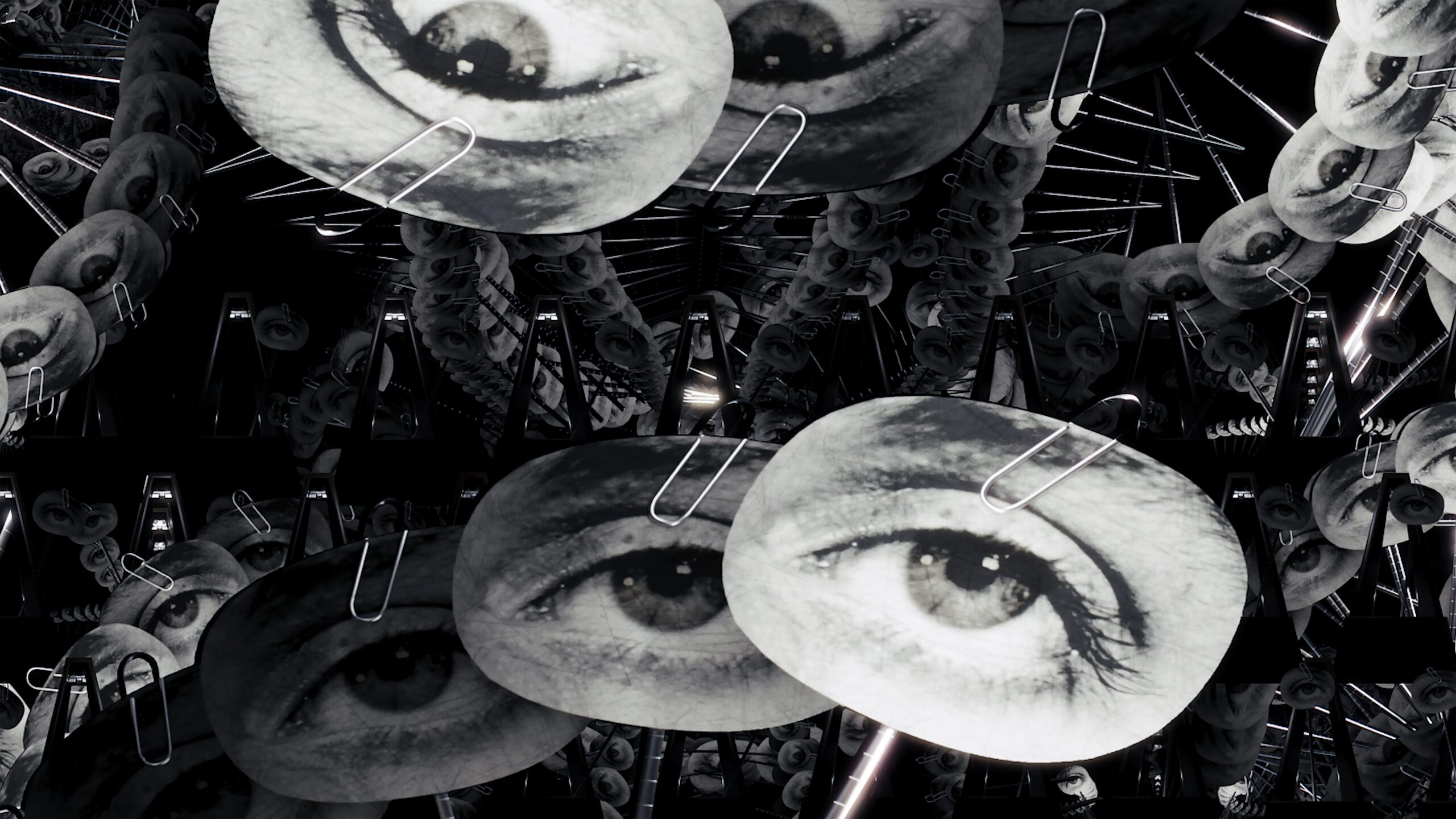 Still from Marco Brambilla's Metronome: multiplied black-and-white metronomes with photographic eyes clipped to their pendulums.
